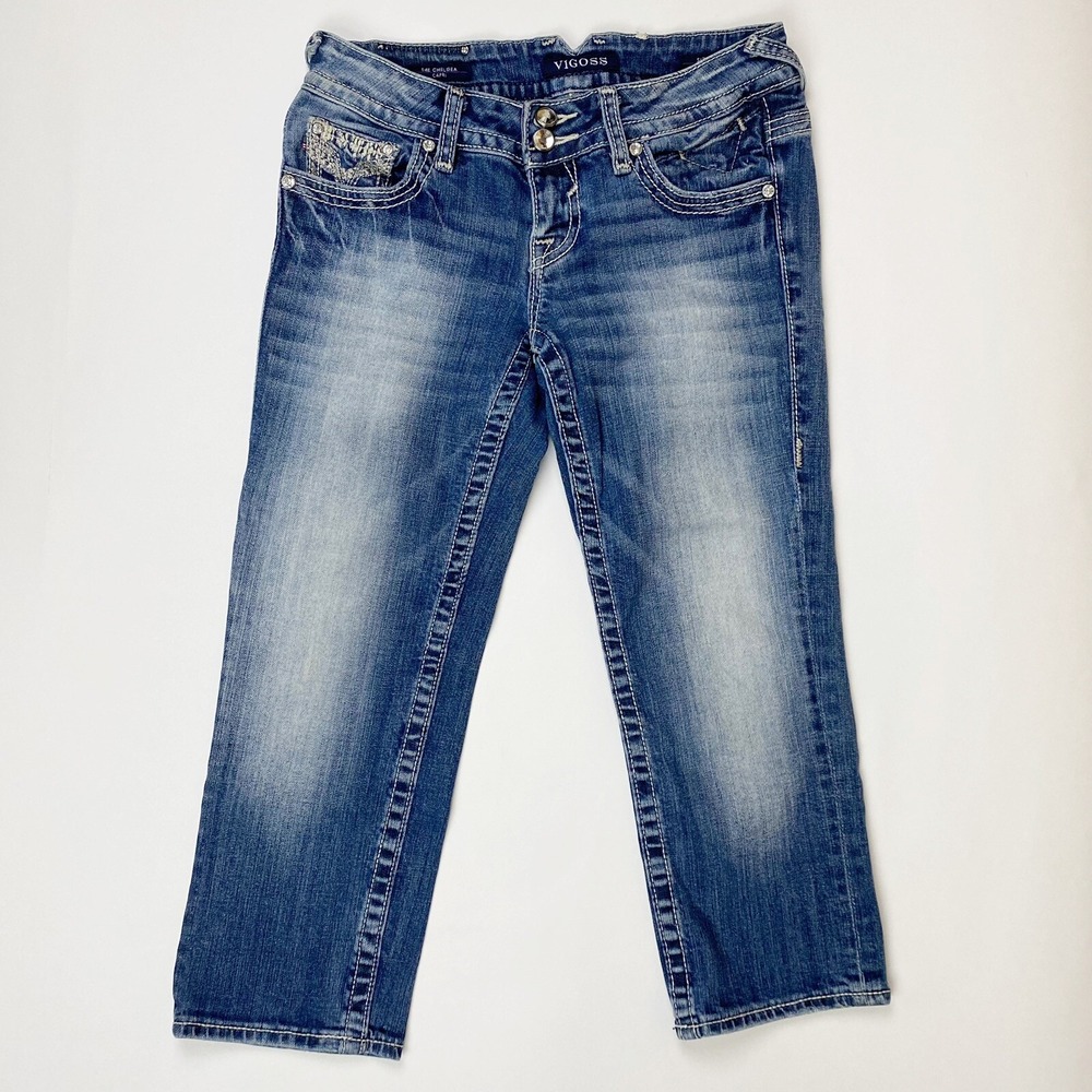 Vigoss The Chelsea Capri Embellished Rhinestone Low Rise Jeans Womens‎ 1/2 Blue